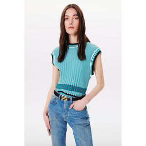 Victoria Beckham Knitted Crew-Neck Tank Top in Teal Stripe